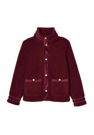 Burgundy fleece jacket with high collar, satin-like trim, gold button closures, and two front pockets. Soft texture with ribbed cuffs.