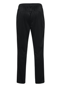 Zwarte sportieve broek met een gladde, lichte stof, elastische tailleband en zijzakken, met een rechte pijpdesign.