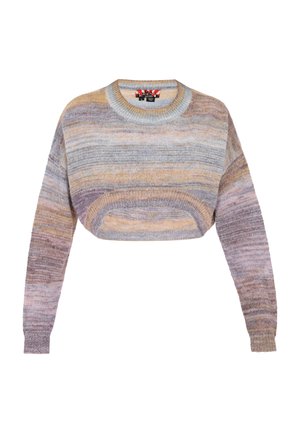 Pletený zkrácený svetr s horizontálními pruhy v pastelových barvách, s dlouhými rukávy a kulatým výstřihem. Měkký, texturovaný materiál.