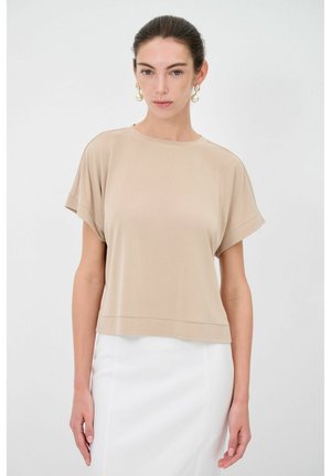 Beige Kurzarm-Oberteil aus glattem Stoff, mit Rundhalsausschnitt und lockerer Passform, ausgestattet mit einem dezenten Saumdetail.