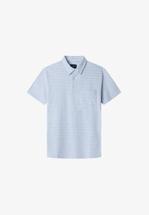 Světle modrá polokošile s bílými vodorovnými pruhy, krátké rukávy, límec a jedno náprsní kapsa. Hladká, bavlněná tkanina.