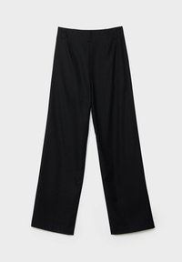 Black wide-leg trousers with a smooth texture, featuring a tailored waist and front pleats, designed for a relaxed fit.