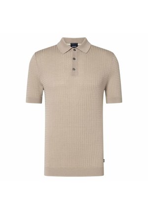 Polo in maglia beige a maniche corte con motivo a griglia testurizzato, abbottonatura a tre bottoni e polsini e orlo a coste.