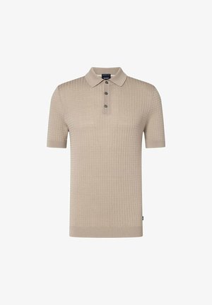 Polo in maglia beige a maniche corte con motivo a griglia testurizzato, abbottonatura a tre bottoni e polsini e orlo a coste.