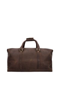 Bolsa de viaje de cuero marrón con dos asas resistentes, herrajes de remache y una textura suave. Presenta un diseño minimalista sin adornos adicionales.