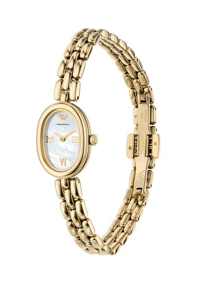 Gold-toned Emporio Armani women's watch with oval mother-of-pearl dial, Roman numerals, linked bracelet, and stainless steel clasp.