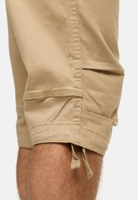Shorts beiges en tissu léger, avec un ourlet cousu, des accents à cordon aux poignets et une texture lisse.