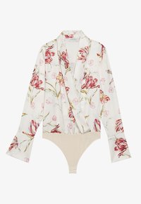 Floral bodysuit featuring long bell sleeves, cream background, and pink/red flower print. Soft fabric with a smooth texture and low back.