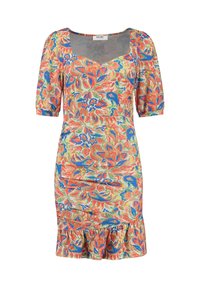 Robe à imprimé floral avec un col carré, des manches bouffantes, une silhouette ajustée et un ourlet à volants. Les couleurs incluent le rouge, le bleu et le vert.