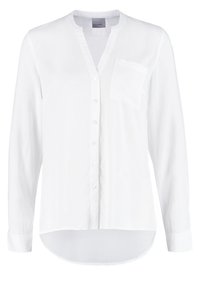 Blouse blanche à manches longues avec boutons à l'avant, petite poche poitrine et ourlet arrondi.