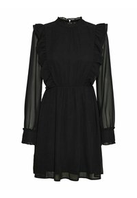 Robe noire en tissu léger avec manches longues transparentes, accents à volants le long du décolleté et des épaules, et coupe décontractée.