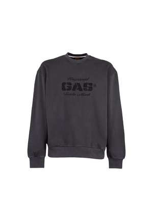 Ciemnoszara bluza z okrągłym dekoltem i długimi rękawami, z napisem „Registered GAS Trade Mark” w wyblakłej czerni na przedzie.