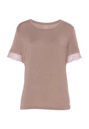 Maglietta taupe a maniche corte da donna con scollo rotondo e bordo in pizzo rosa chiaro sulle maniche, taglia media, marca JOOP!