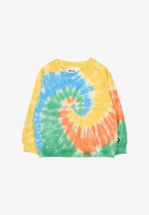 Sweat-shirt à manches longues pour enfants avec col ras-du-cou, motif spirale tie-dye jaune, bleu, vert et orange.