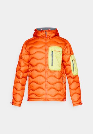Puffy orange jacket with a gray hood, featuring a lime green chest pocket and an arm pocket. Zippered closures and textured insulation.