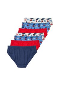 Set of six cotton briefs featuring solid red, navy, and patterned designs with colorful cars on a blue and cream background.