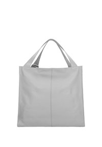 Grijze leren tote bag met een gladde textuur, rechte lijnen en dubbele handvatten; minimalistisch ontwerp zonder extra versieringen.