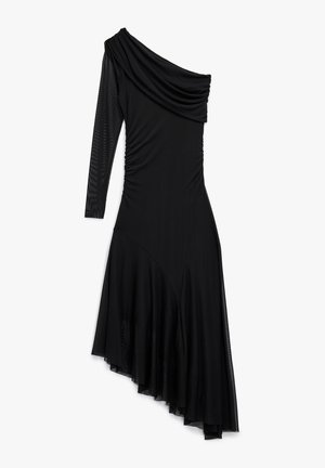 Black asymmetrical dress with one long sheer sleeve, off-shoulder draped neckline, ruched sides, and uneven hemline with mesh detailing.