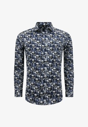 Langarmshirt in marineblauw met een bladerenprint in wit en lichtblauw. Beschikt over een klassieke kraag en een knoopsluiting aan de voorkant. Van katoen met een fijne structuur.
