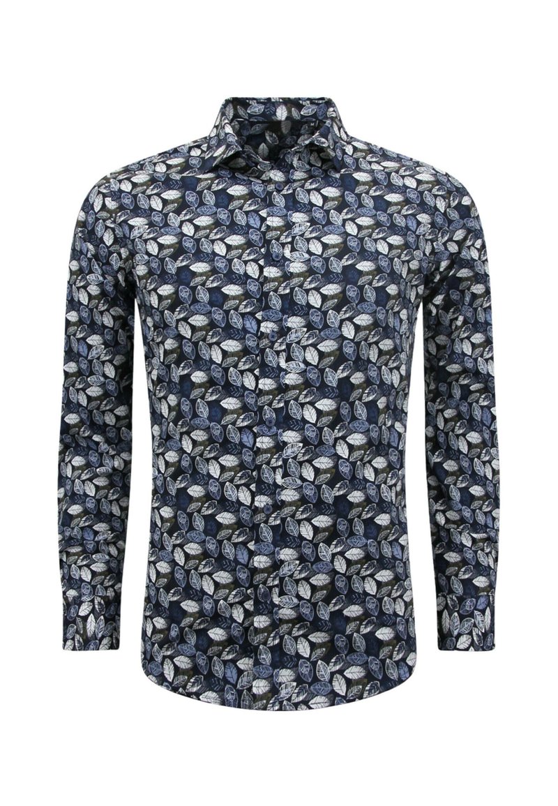 Langarmshirt in marineblauw met een bladerenprint in wit en lichtblauw. Beschikt over een klassieke kraag en een knoopsluiting aan de voorkant. Van katoen met een fijne structuur.