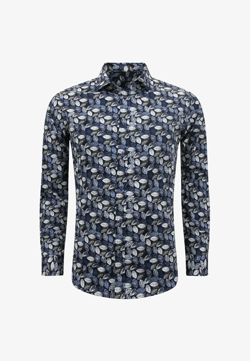 Langarmshirt in marineblauw met een bladerenprint in wit en lichtblauw. Beschikt over een klassieke kraag en een knoopsluiting aan de voorkant. Van katoen met een fijne structuur.