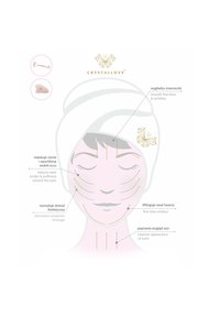 Illustration von Kristallmistel und Gua Sha-Werkzeugen mit goldenen Akzenten, die den Gesichtsbereich und Vorteile wie die Reduzierung feiner Linien und die Verbesserung der Konturen darstellen.
