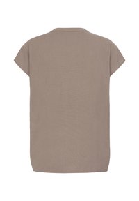 Haut taupe à manches courtes, coupe ample, avec encolure ronde et ourlet droit, présenté de dos sur un fond blanc uni.
