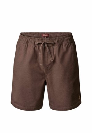 Braune Freizeithosen mit elastischem Taillenbund und Kordelzug, seitlichen Taschen und kleinem, gesticktem Logo am Saum des linken Beins.