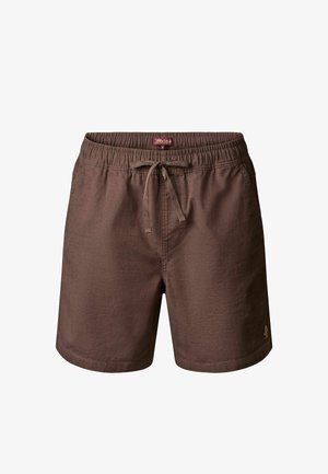 Brown casual shorts with elastic waistband and drawstring, side pockets, and small embroidered logo on the left leg hem.