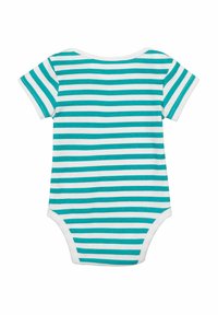 Türkiz és fehér csíkos, rövid ujjú babakombiné, puha pamutból készült, kerek nyakkivágással és pattintós záródással az alján.