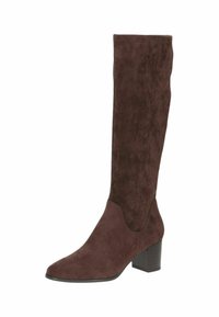 Bottes en suède marron, montantes jusqu'au genou, avec un bout pointu et un talon bloc. Texture lisse, design ajusté, sans quincaillerie ni embellissements visibles.