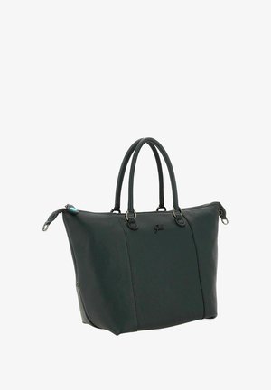 Borsa a tracolla in pelle nera con texture, dotata di doppi manici superiori, chiusura con zip e un piccolo logo impresso al centro anteriore.