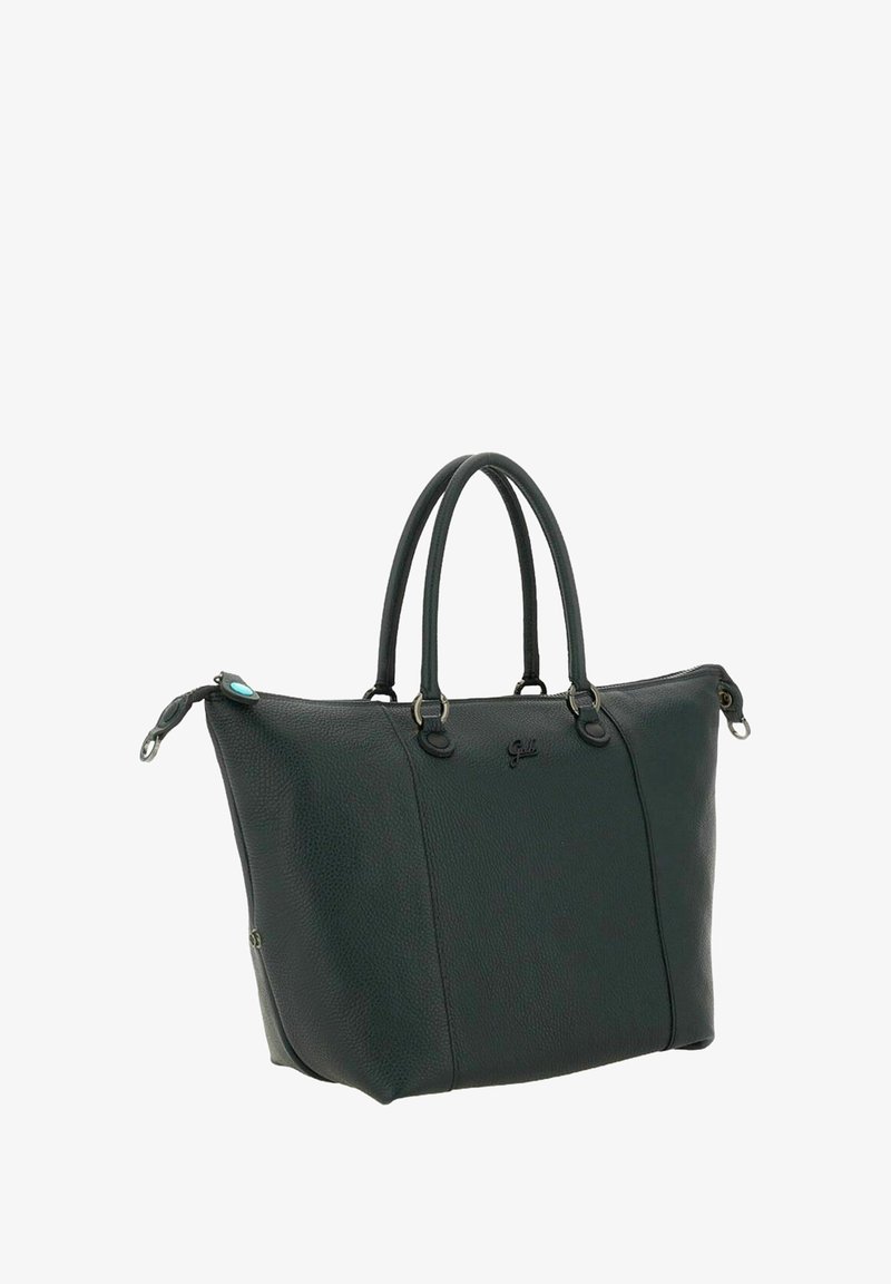 Borsa a tracolla in pelle nera con texture, dotata di doppi manici superiori, chiusura con zip e un piccolo logo impresso al centro anteriore.