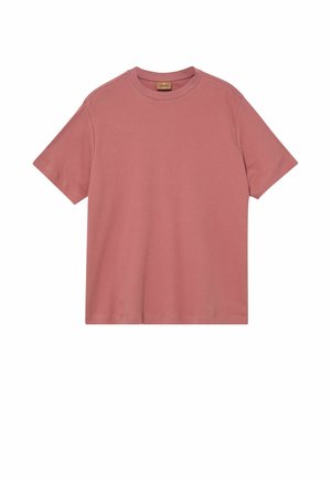 Tricou din bumbac, cu mâneci scurte și guler rotund, de culoare roz-prafuit, cu tiv drept, așezat plat pe un fundal alb.