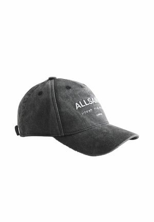 Dark gray baseball cap with curved brim, adjustable back strap, and white embroidered text "ALLSAINTS" and Japanese characters on front.