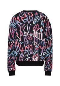 Schwarzer Sweatshirt mit einem mutigen, mehrfarbigen Druck von Zahlen und Buchstaben, mit geripptem Kragen und Bündchen. Glatte Stoffoberfläche.