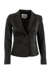 Blazer noir ajusté avec de petits pois blancs, deux boutons, revers crantés et poches frontales, étiqueté "ONLY tailoring."