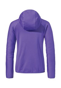 Lila Kapuzenjacke aus strukturiertem Stoff mit vertikalen Rippungen, langen Ärmeln und einer abgerundeten Kapuze; minimalistisches Design für Vielseitigkeit.