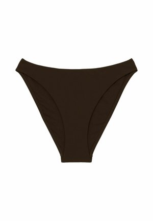 Ruskea bikinialushousu, jossa on korkeavyötäröinen leikkaus, sileä mattapintainen kangas ja minimaaliset sauman yksityiskohdat. Sopii uima-asukäyttöön.