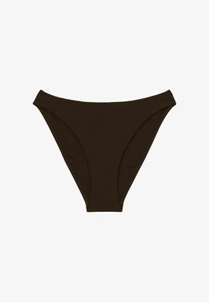 Ruskea bikinialushousu, jossa on korkeavyötäröinen leikkaus, sileä mattapintainen kangas ja minimaaliset sauman yksityiskohdat. Sopii uima-asukäyttöön.