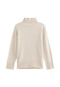 Beżowy sweter z golfem z prążkowanym kołnierzem i wykończeniem. Luźny krój, długie rękawy, miękka tekstura i minimalistyczny design.