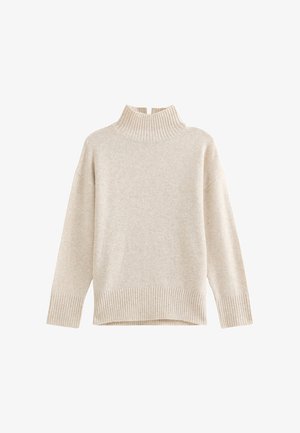 Beige coltrui met ribbelkraag en -zoom. Losse pasvorm, lange mouwen, zachte textuur en minimalistisch ontwerp.