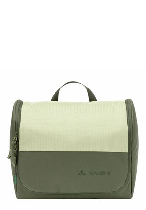 Groene toilettas van stof met een lichtgroene bovenkant, vlakke ritssluiting en draaghandvat; heeft zowel gestructureerde als gladde materialen.