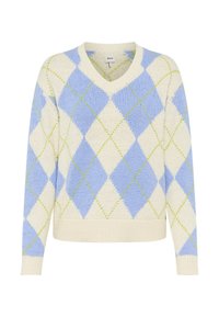 Maglione lavorato a maglia di colore chiaro, con scollo a V, motivo argyle blu e bianco con accenti verdi. Tessuto strutturato, maniche lunghe e orlo a coste.