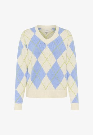 Hellfarbener, gestrickter Pullover mit V-Ausschnitt, blau-weißem Argyle-Muster und grünen Akzenten. Strukturierter Stoff, lange Ärmel und gerippter Saum.