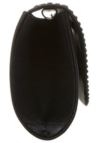 Black pouch bag with a rounded shape, smooth texture, and scalloped edges. Features a single clasp closure and a soft interior lining.