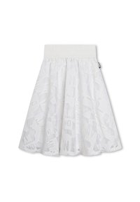 Jupe blanche avec une taille élastique et un motif texturé représentant des lettres. Design évasé, longueur genoux, tissu léger.