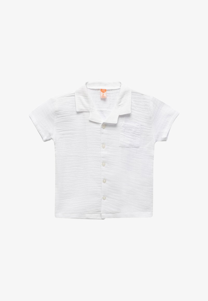White short-sleeve shirt with a collar, textured fabric, six buttons down the front, and a small left chest pocket.