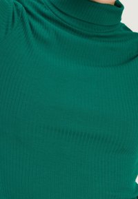 Vihreä ribbipinta turtleneck villapaita, joka on päällä, paljastaen ylärinnan ja kaulan alueen teksturoidun kankaan yksityiskohdalla.