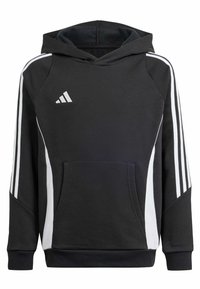 Sweat à capuche noir avec une poche frontale, bandes blanches sur les côtés et une doublure grise à l'intérieur de la capuche. Présente le logo Adidas en blanc sur la poitrine.